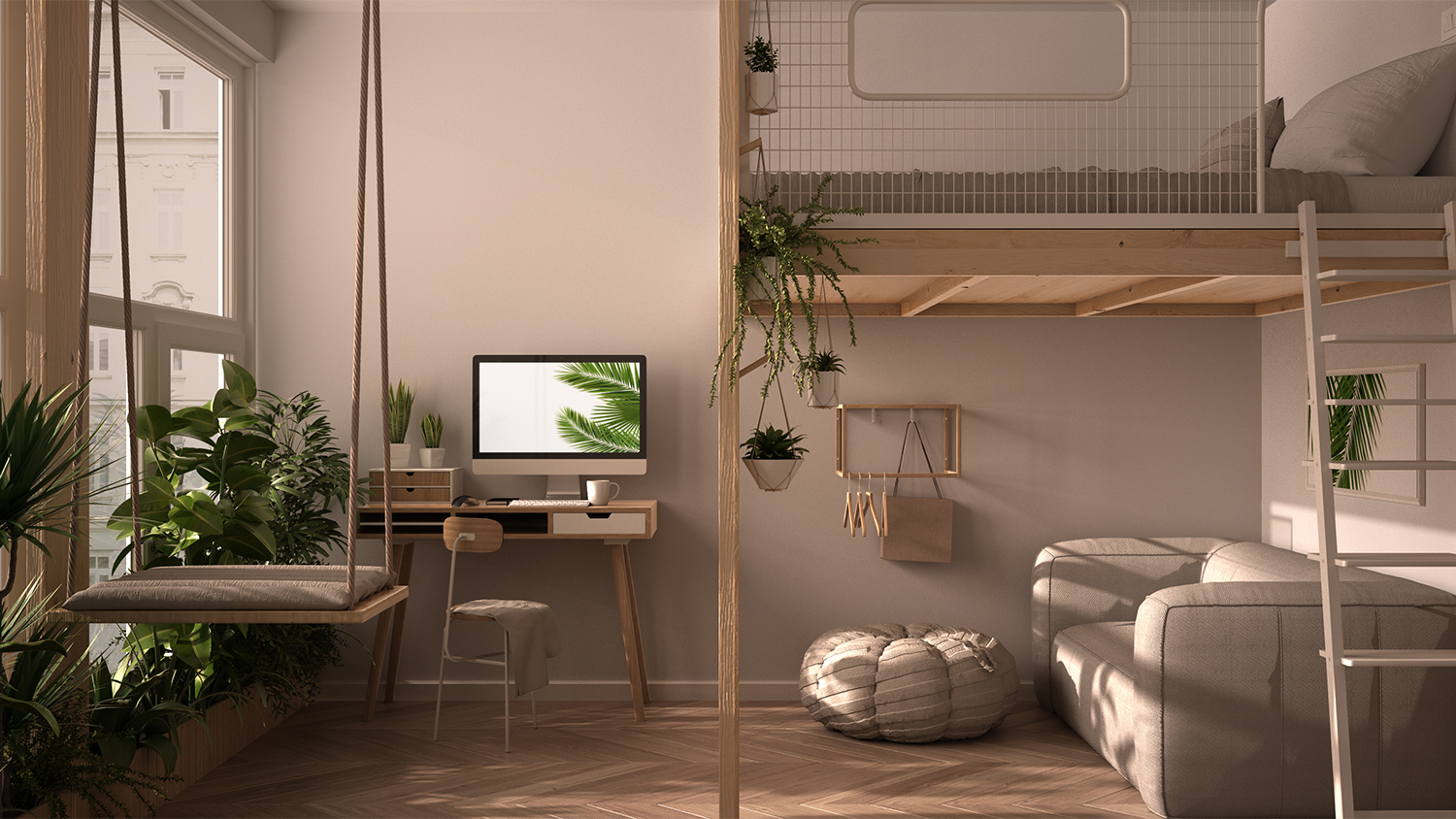 neutral bedroom with loft bed work space